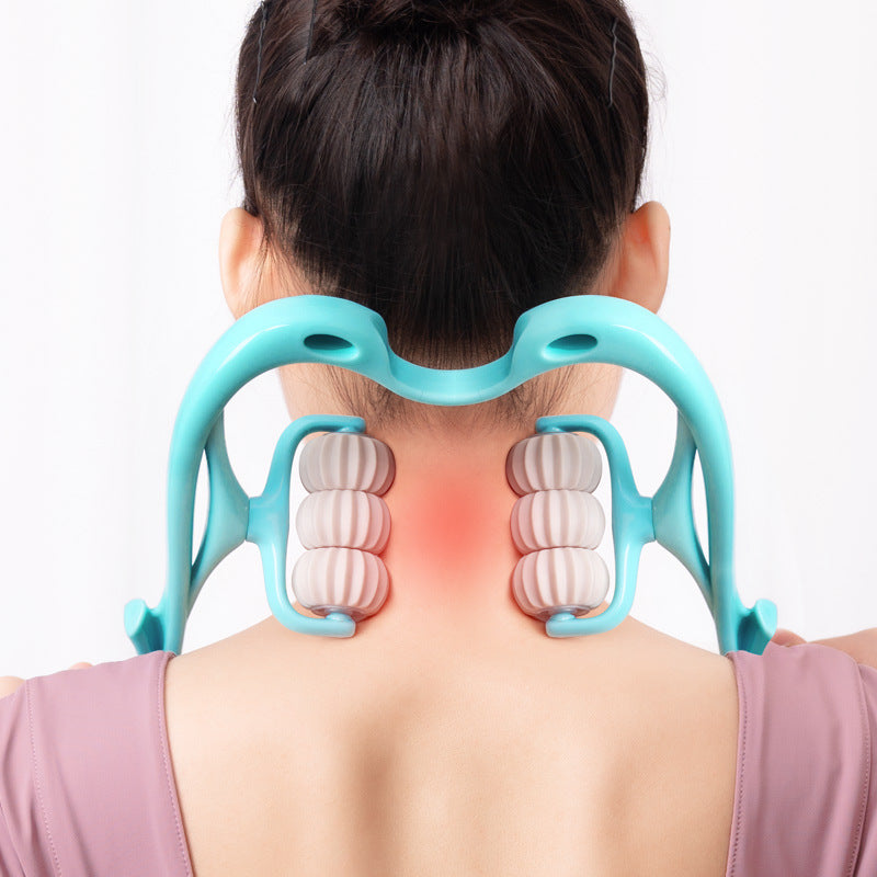 6-Roller Cervical Neck Massager: Ergonomic Swan Design w/ Natural Jade Scraping Tool | Pain Relief for Office Workers