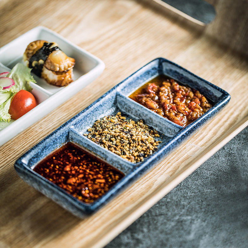 Japanese Porcelain Three-Compartment Serving Tray – With Integrated Dipping Well
