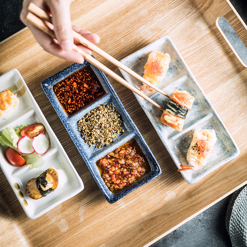 Japanese Porcelain Three-Compartment Serving Tray – With Integrated Dipping Well