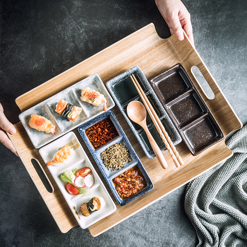Japanese Porcelain Three-Compartment Serving Tray – With Integrated Dipping Well