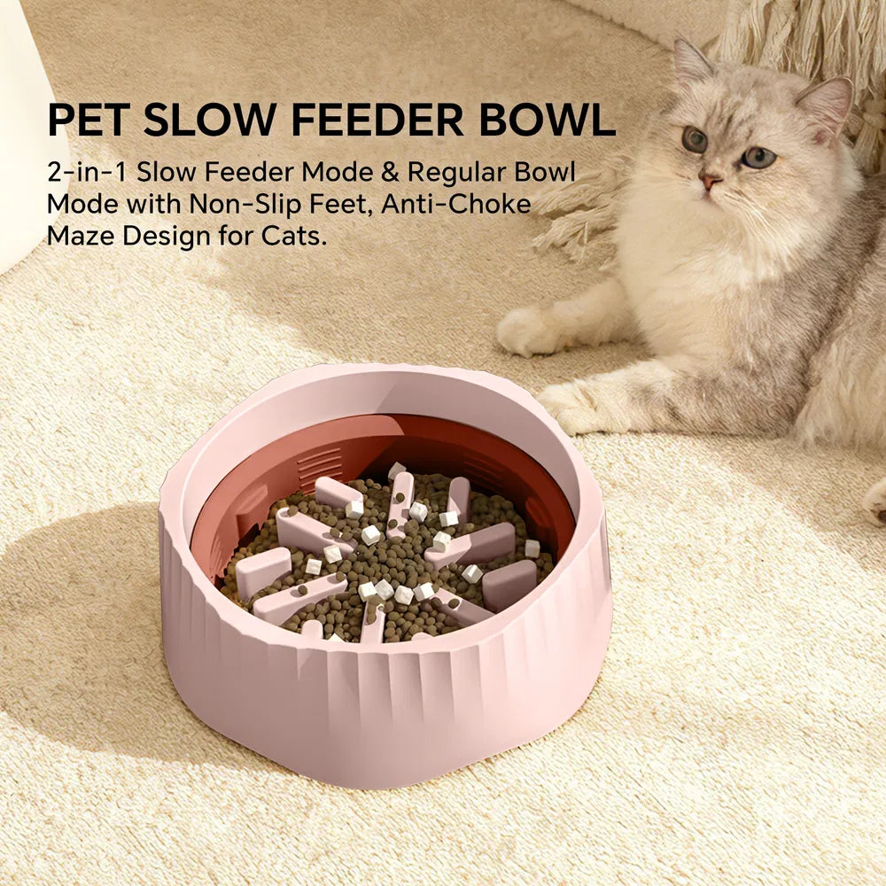 2-in-1 Dual Mode Large Plastic Cat Slow Feeder Bowl, Switchable Fast&Slow Feed