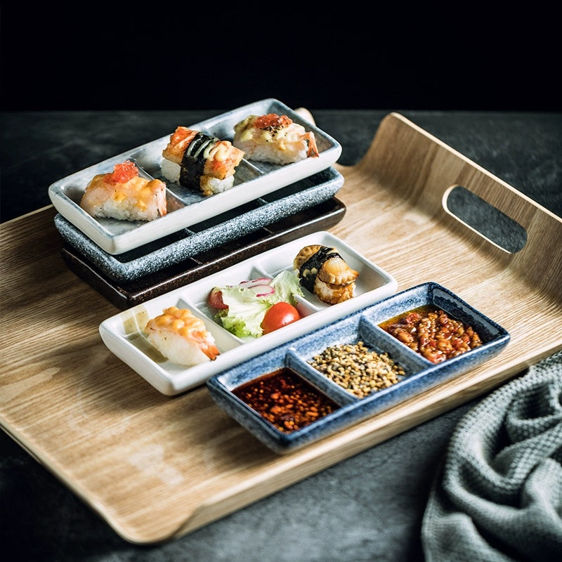 Japanese Porcelain Three-Compartment Serving Tray – With Integrated Dipping Well